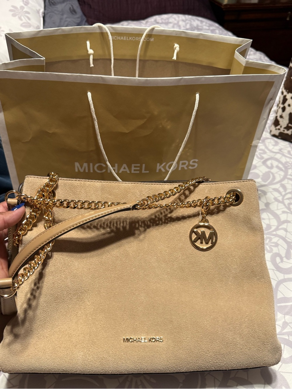 Michael Kors Cream Suede Chain Shoulder Bag with Gold Hardware
